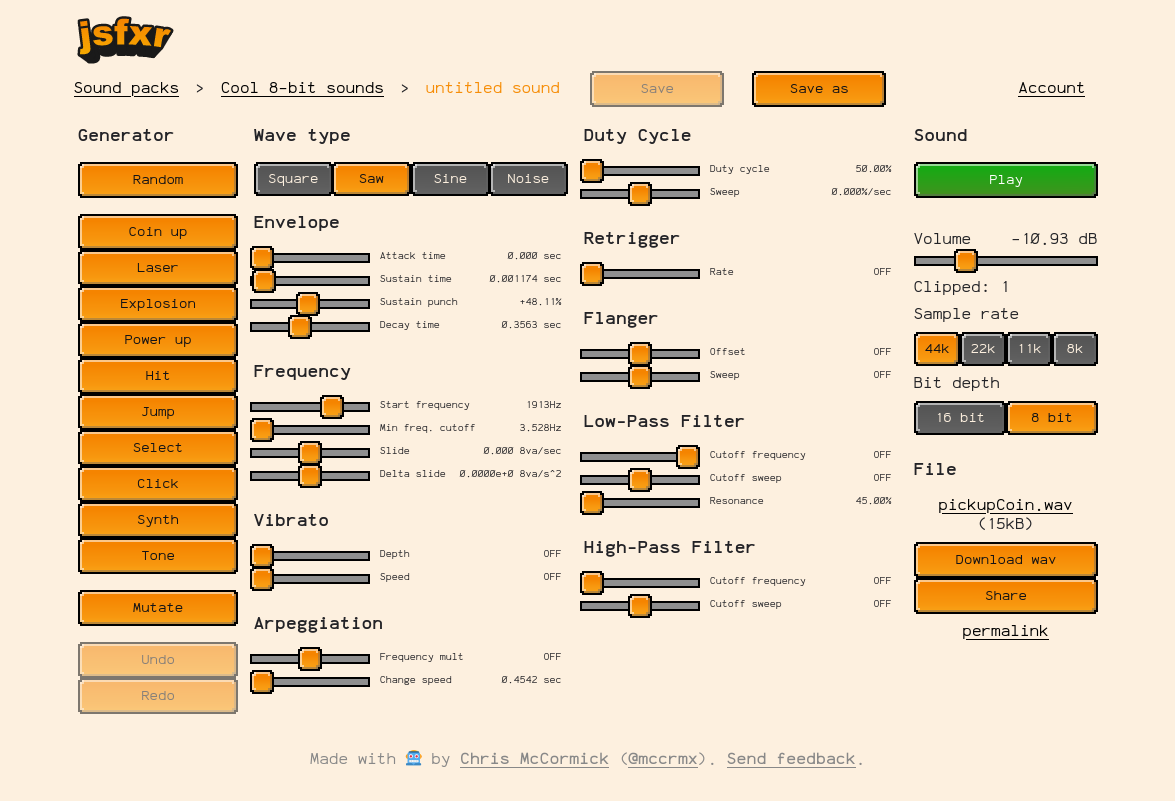 A screenshot of the Jsfxr Pro user interface